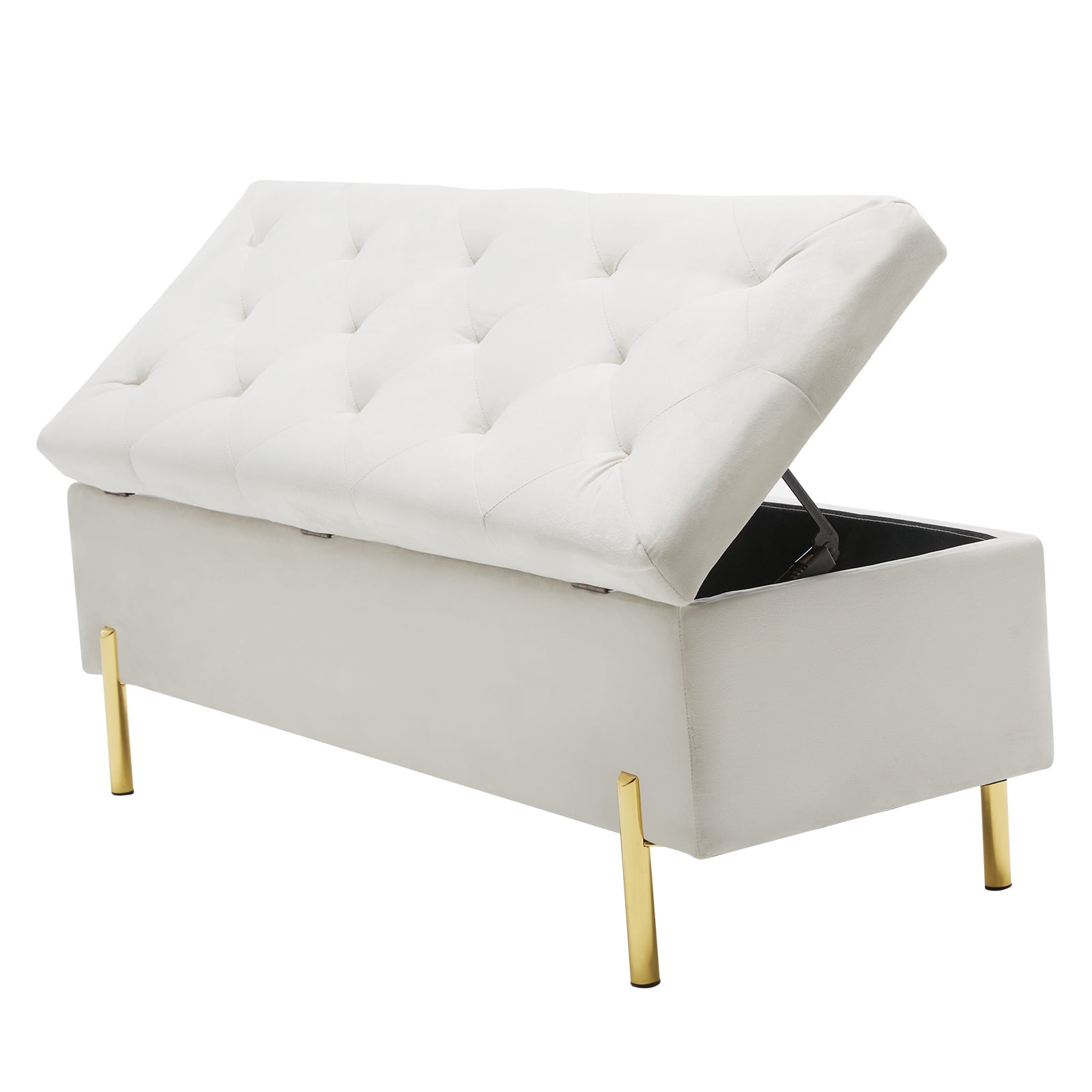 Velvet Storage Ottoman Bench, End of Bed Bench Upholstered Storage Bench for Bedroom Entryway Living Room, Ivory