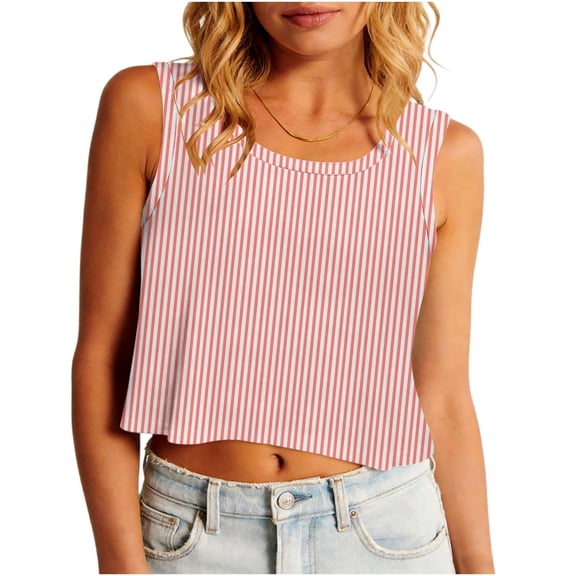 QUNYINEY Tank Tops for Women Trendy Summer Crop Workout Striped Shirts Loose Fit Crew Neck Casual Vacation Sleeveless Women Tops