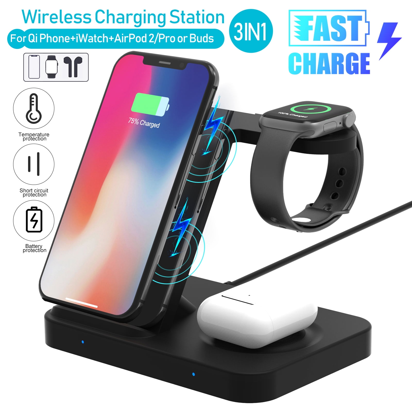 Updated 3 in 1 Wireless Charger, 15W Fast Charging Dock Station Compatible with Qi Smartphones