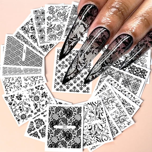 RAGUPEL 30 Sheet Black Nail Art Stickers 3D Self-Adhesive Nail Stickers for Spring Nail Art Supplies Black Lace Flower Design Nail Decals Spring Summer Manicure Decorations for Women Girls