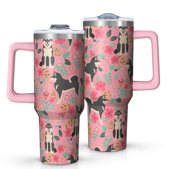OBREWU Shiba Inu Dog and Flower Floral Tumbler with Handle and Lid,Shiba Inu Dog and Flower Floral 40oz Double Wall Vacuum Insulated Tumbler,Cups Gift for Women and Men