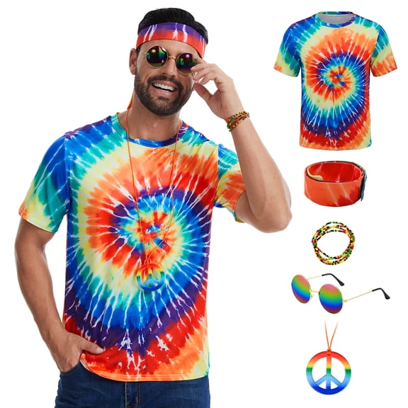MYATED Hippie Costume for Men 60s 70s Hippie Outfits Tie Dye shirt Fringe Vest with Accessories Set Hippy Halloween Costume(Multicolor-5pcs,S)
