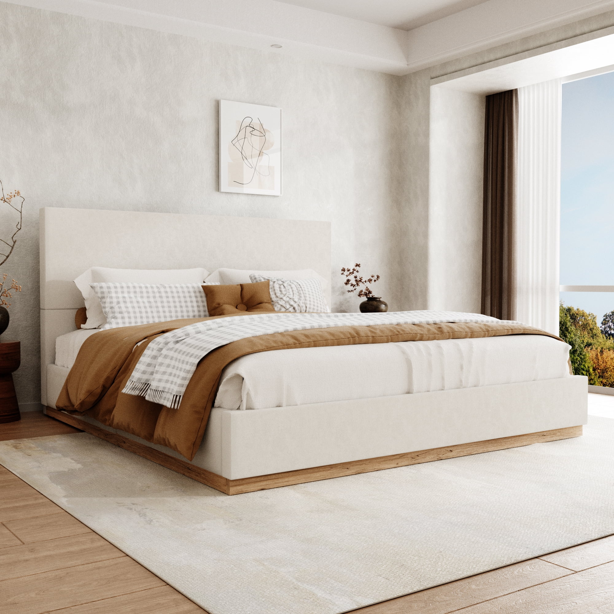 VIPLOV Queen Size Bed Frame with Headboard, Upholstered Bed Frames, with Enclosed Wood Base, Metal Structure & Wood Slats Support,No Noise,Easy Assembly,Beige