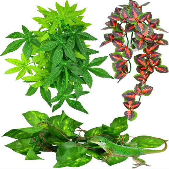 3pcs Reptile Plants, Amphibian Hanging Plants with Suction Cup for Snake, Bearded Dragons, Lizards, Geckos, Toads, Hermit Crab Tank Pets Habitat Decorations
