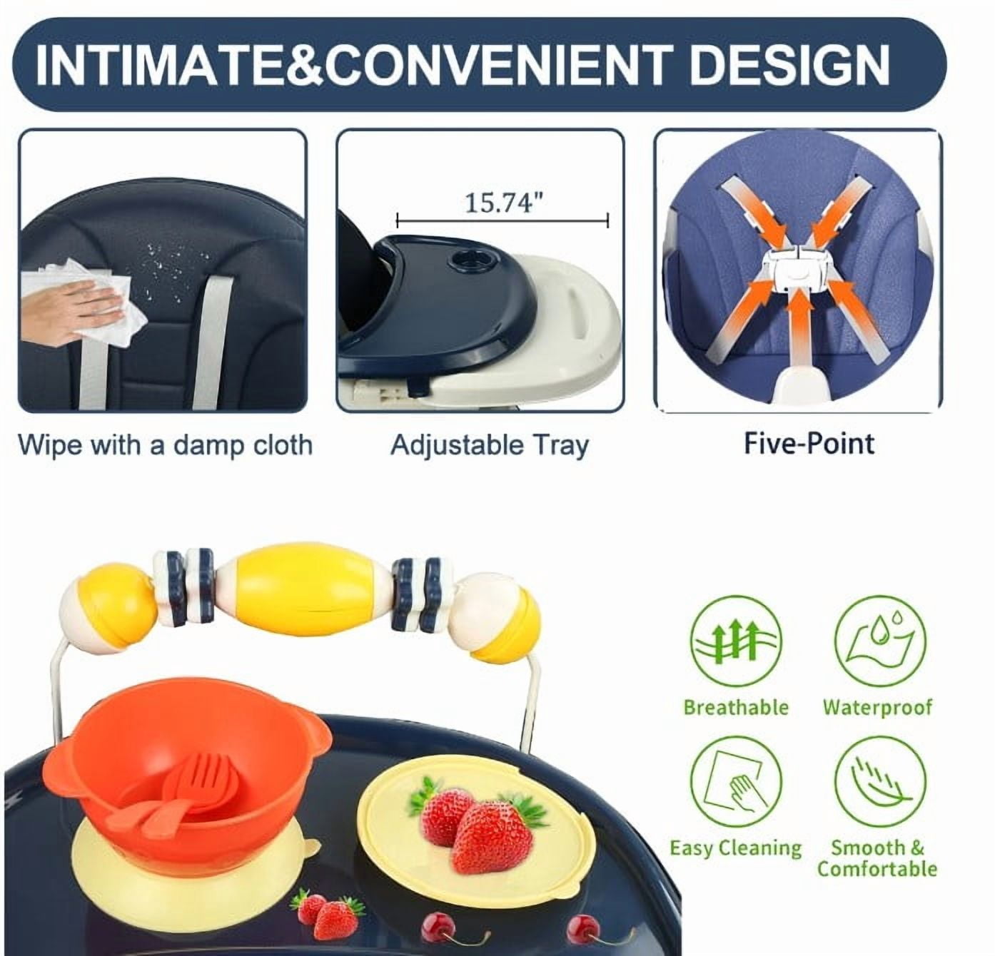 LHUAI, Foldable Baby High Chair, 4 in 1 Convertible High Chairs, With 5-Point Safety Harness, Adjustable Dining Tray & Backrest & Height, Easy To Clean Surface, For Babies And Toddlers, Blue