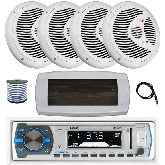 Pyle PLMRB29W Single DIN Bluetooth Marine MP3 AM/FM Stereo Receiver with White Cover, 22" Radio Antenna, Wire, 4x 6.5" 150 Watt Max Full Range Dual Cone Waterproof Stereo Speakers (White)