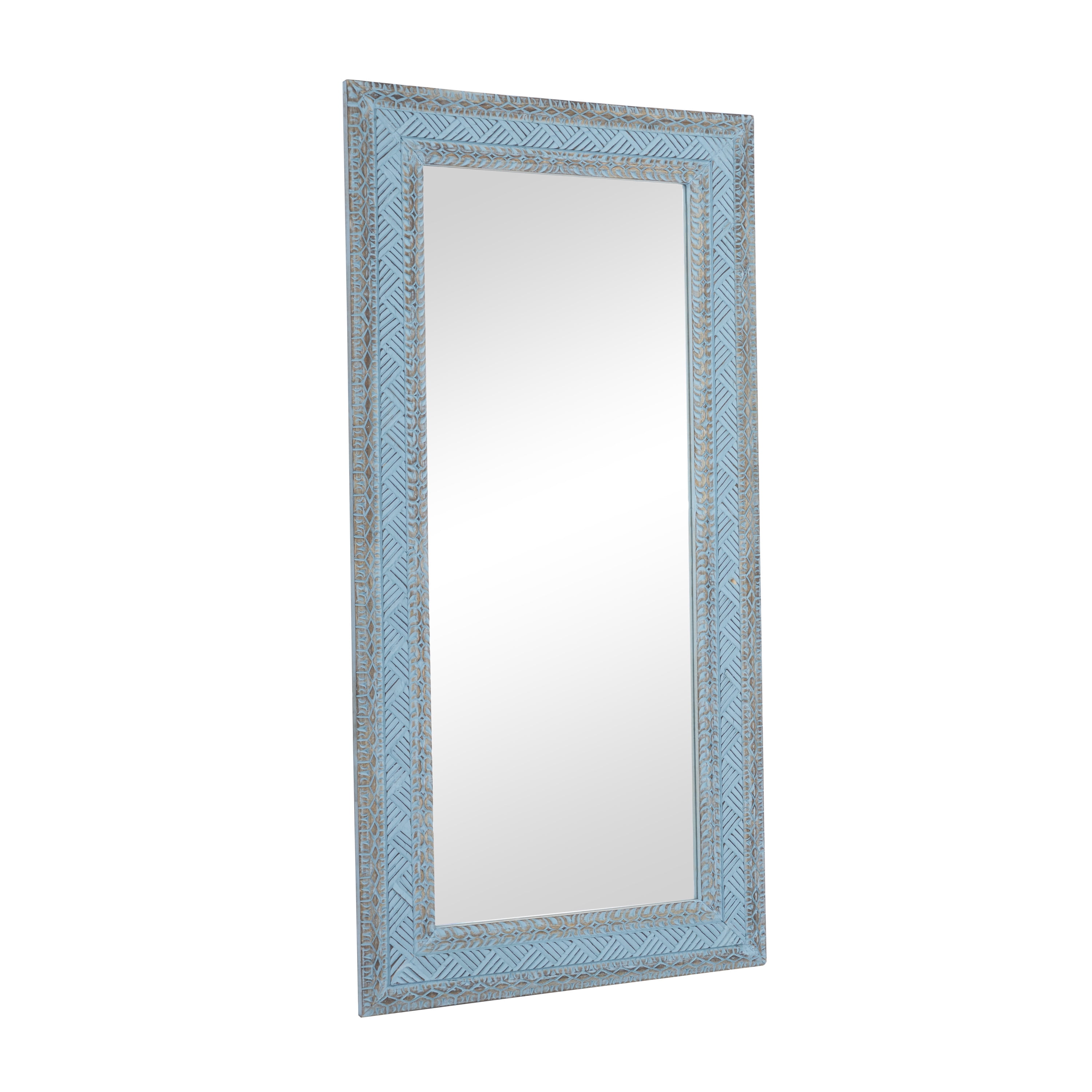 DecMode 36" x 72" Blue Carved Tribal Wall Mirror
