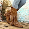 thumbnail image 5 of OKBOP Christmas Boots for Women Winter Chunky Heel Fringe Mid-Calf Boots Side Zipper Rhinestone Cowgirl Pointed Toe Riding Shoes Brown, 5 of 9
