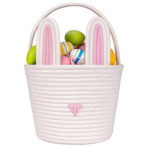 Yanxiao Easter Baskets, Cute Easter Rope Bunny Baskets, Easter Egg Hunt Baskets with Cute Bunny Ears, Easter Gifts Baskets Egg Hunt Baskets for Girls, Baby, Kids, Children and Boys, Pink