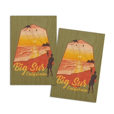 

Big Sur California Kite Flyers at Sunset Contour (4x6 Birch Wood Postcards 2-Pack Stationary Rustic Home Wall Decor)