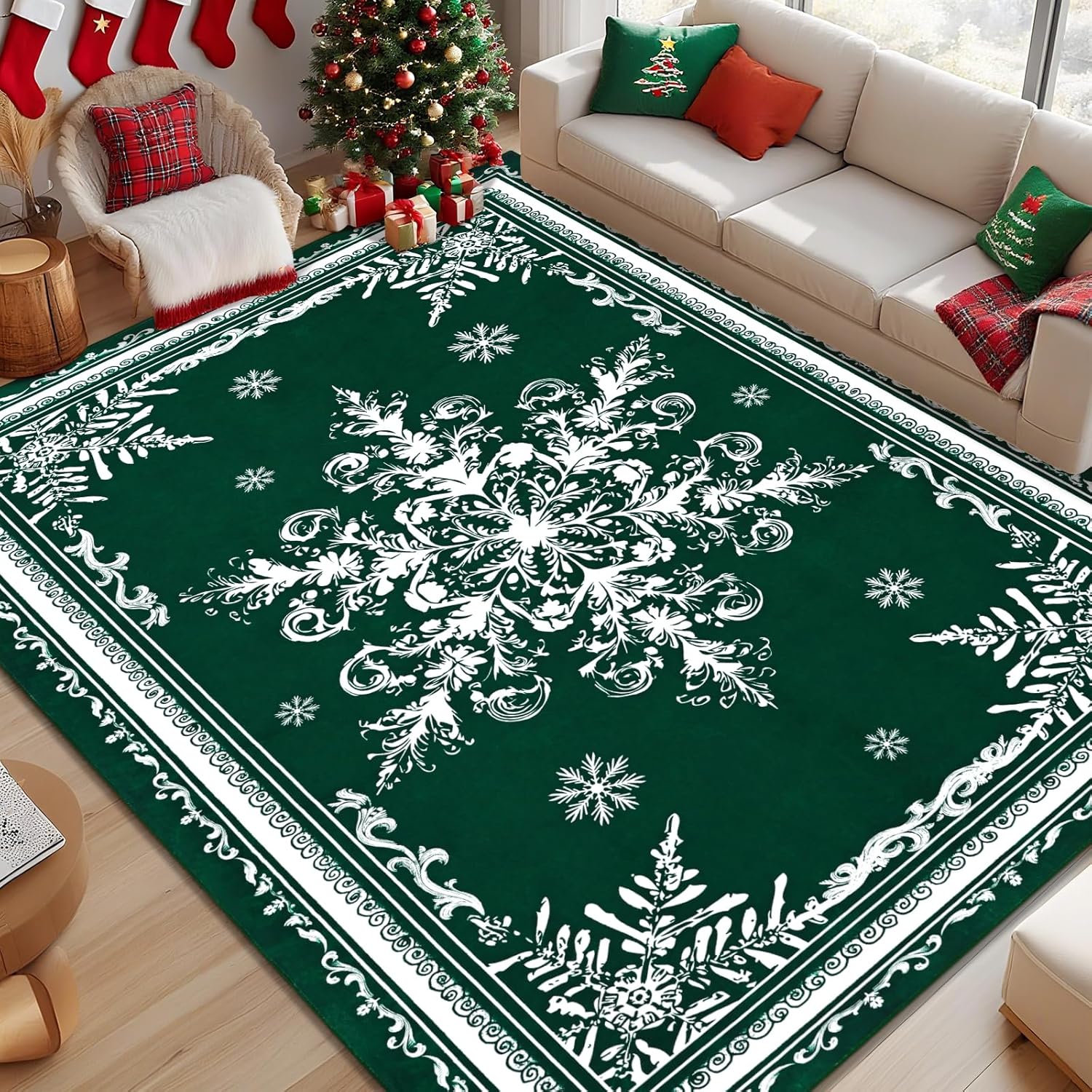 BLEUM CADE Christmas Snowflake 3x5 Area Rugs for Living Room,Non Slip Washable Rugs Low Pile Floor Mat Carpet,Holiday Christmas Decorations,Green