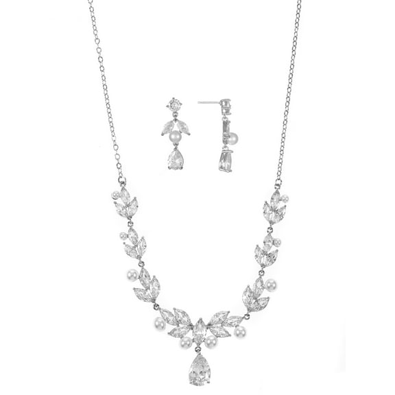 Believe by Brilliance Fine Silver Plated Earring and Necklace Set with Genuine CZ, Leaf Motif, 1 Piece/1 Pair