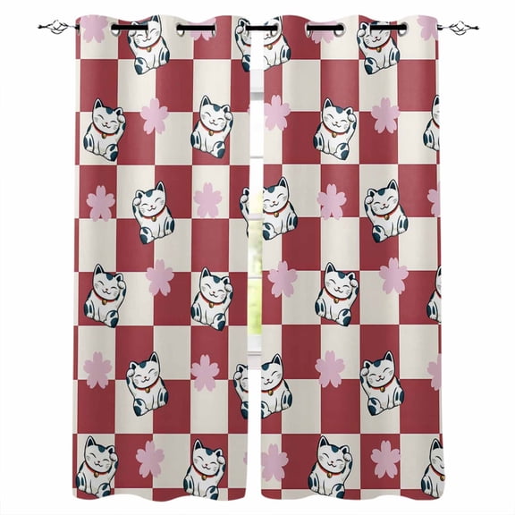 Fsddascl Cute Cat Blackout Curtains for Bedroom/Living Room, Thermal Insulated Kitchen Curtains, Red White Plaid Cartoon Checkered Grommet Darkening Window Treatment Drapes 52"x63"x2