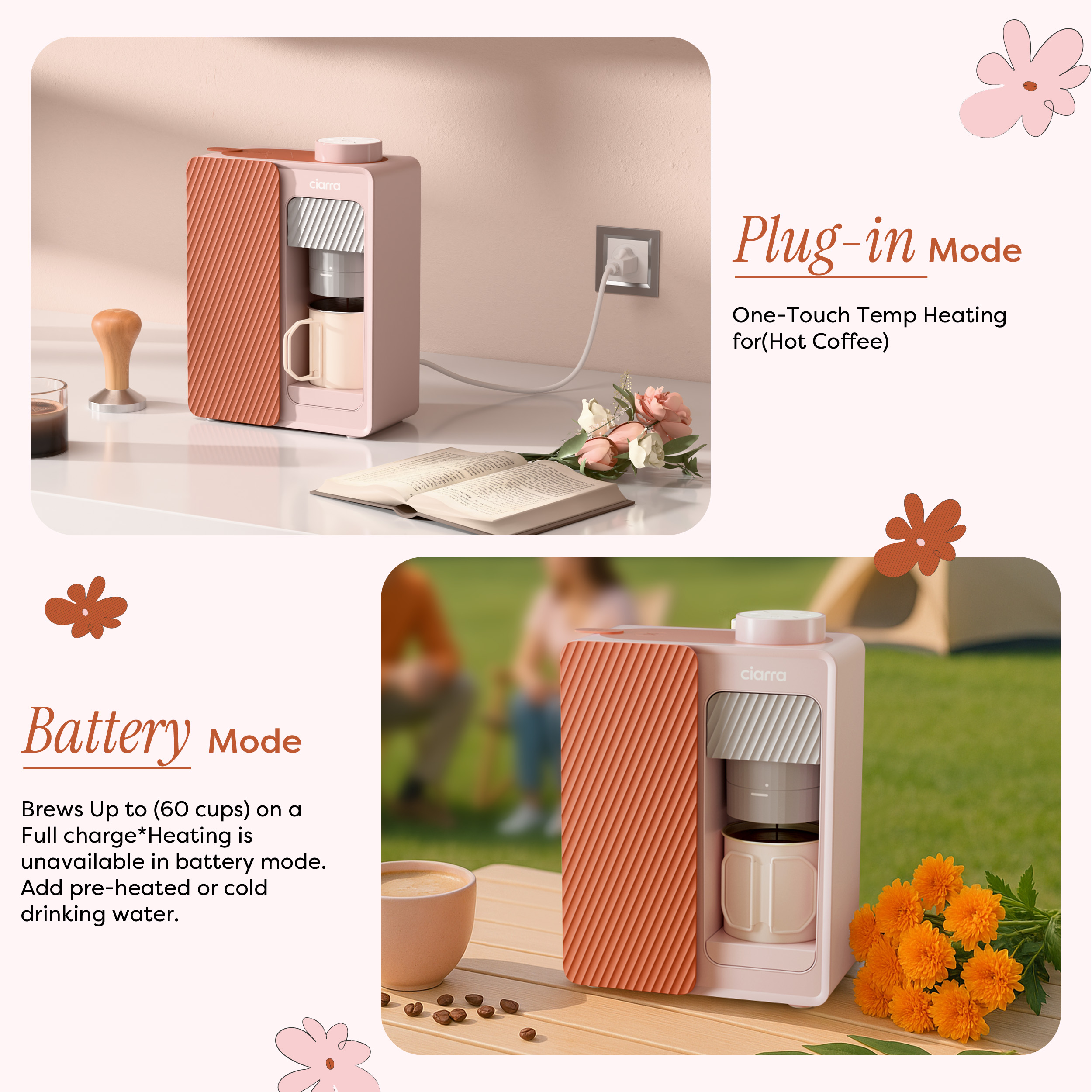 Ciarra Bloombox Portable Espresso Maker, Dual Power (AC & Battery), 15-Bar Mini Coffee Machine