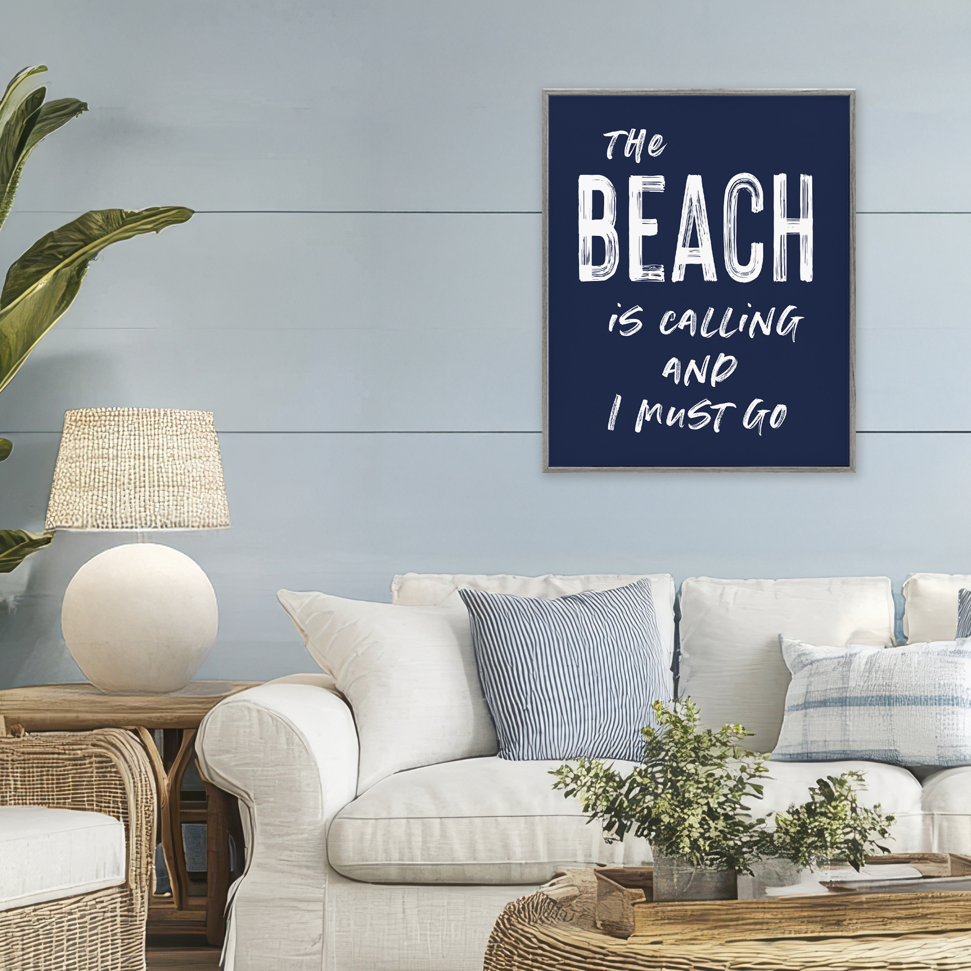 Beach Is Calling Summer Sentiment Gray Framed Giclee Art, design by Lettered and Lined