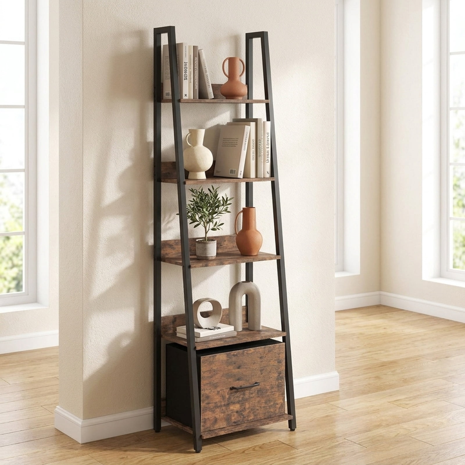 Furnibear 5-Tier Ladder Bookshelf with Fabric Drawer for Living Room and Home Office for Living Room Home Office Bedroom Display, Rustic Brown