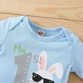 thumbnail image 4 of ZHUASHUM Summer Boys Girls Outfits Long Sleeve Easter Clothes Outfits Letter Cartoon Rabbit Prints Romper Bodysuit Striped Pants Hat Outfits Blue,0-3 Months, 4 of 7