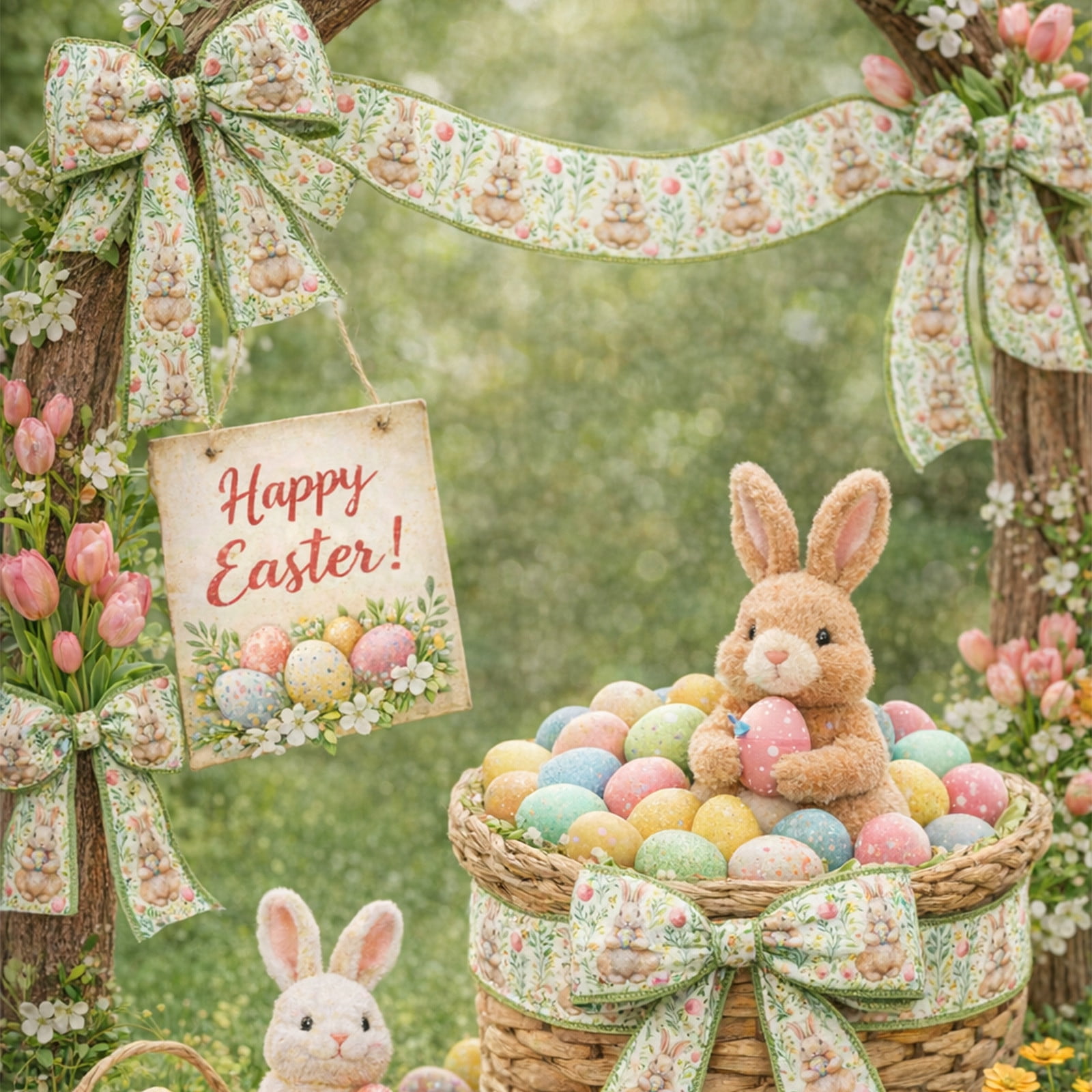 DAMAI Easter Wired Edge Ribbon Spring Floral Bunny Wired Ribbon Watercolor Easter Rabbit Flower Fabric Craft Ribbon for Gift Wrapping Floral Arrangement Wreath Bow DIY Crafts