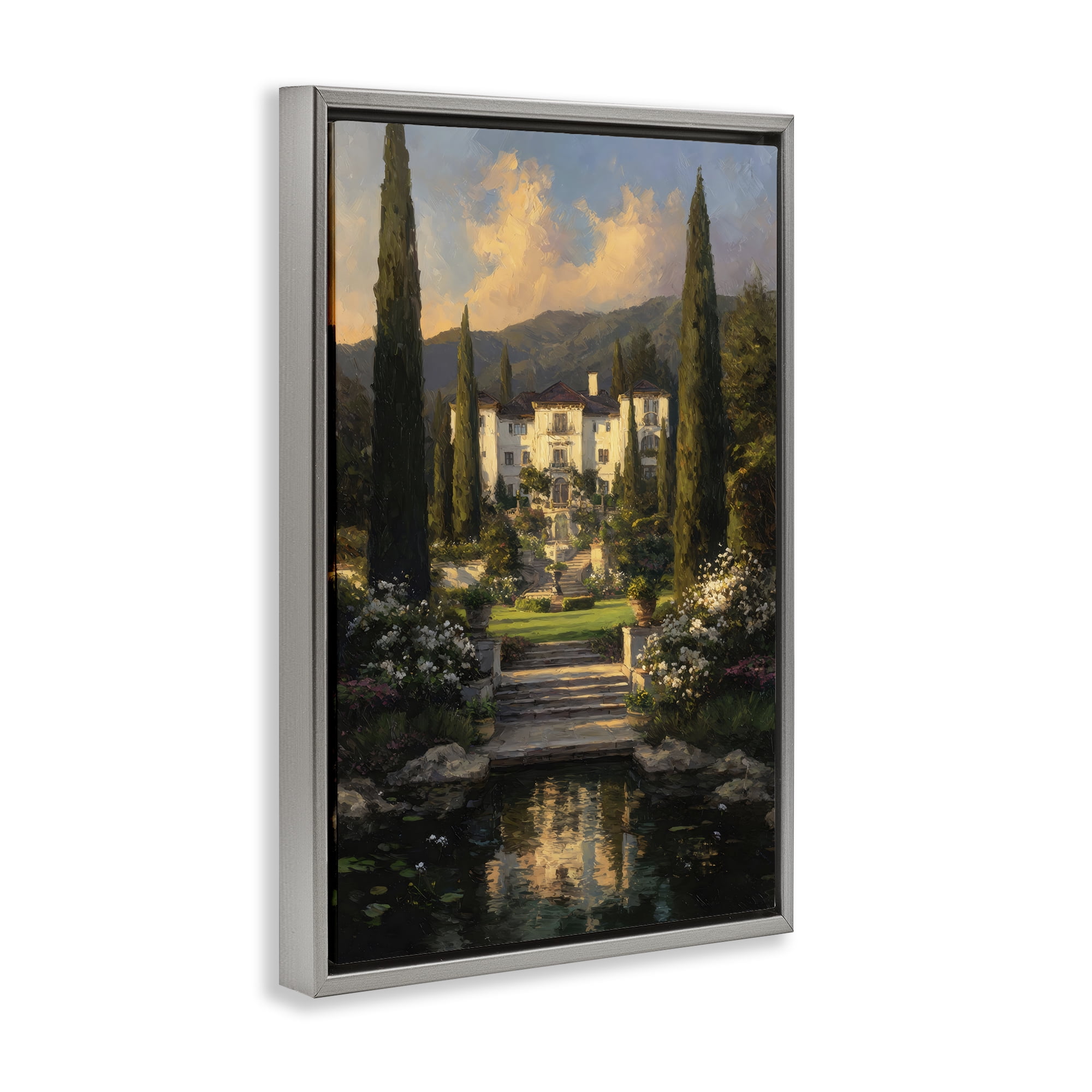 Stupell Industries Victorian Mansion at Sunset Gray Framed Floater Canvas Wall Art, design by Petal Prints Design