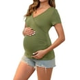 thumbnail image 4 of INSPIRE CHIC Women Maternity Top Ruched Cross V Neck Faux Wrap Short Sleeve Blouse T-Shirt Small Army Green&Striped, 4 of 6
