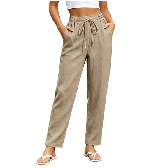Women's Pants, Fashion Casual High Waist Cotton Linen Loose Double Pocket Pants, Relaxed Fit Straight Leg Trousers, Comfy Daily Summer Bottoms for Women