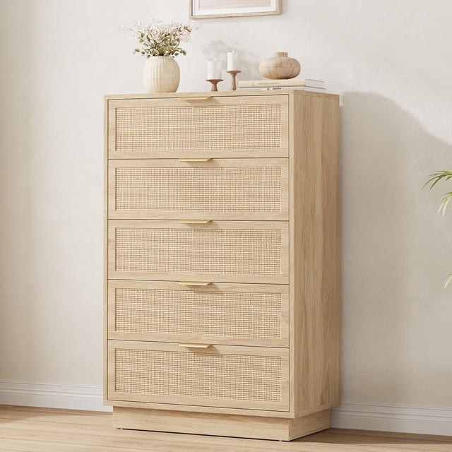5 Drawer Rattan Dresser for Bedroom, Integrated Cabinet Body & Legs Design, Wooden Chest of Drawers for Hallways, Entryways and Closet, Easy Assembly, Natural