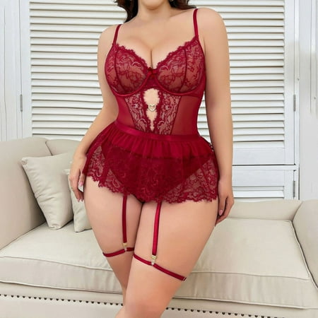 XWSHYW Sleepwear for Women Plus Size Solid Color Lace Pajamas Sexy Halter Mesh Bra and Panty Sets Summer Savings Clearance