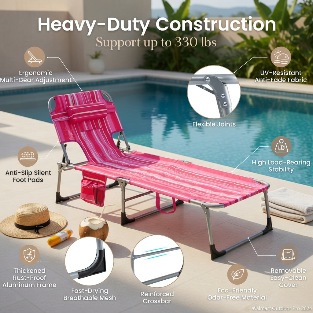 Hommoo Foldable Tanning Chair with Face & Arm Holes, Lightweight Portable Beach Chair for Pool, Patio, and Outdoor Use, Pink Stripe