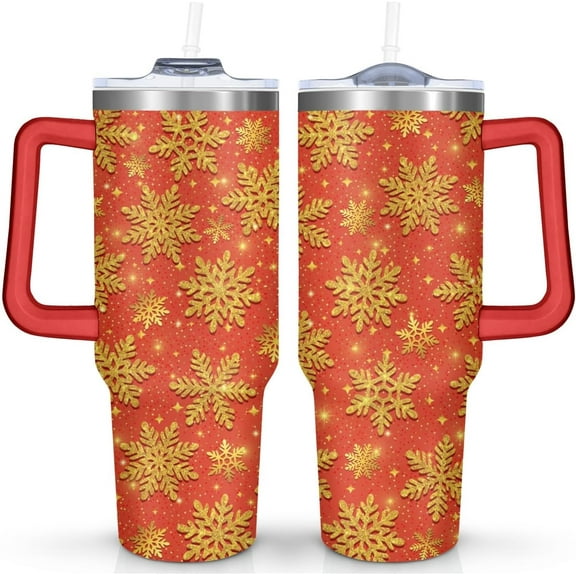 Merry Christmas 40 oz Tumbler with Lid Handle and Straw Christmas Snowflake Stainless Steel Double Walled Insulated Cup Winter Holiday Xmas Travel Mug Gifts for Men and Women (1PC)