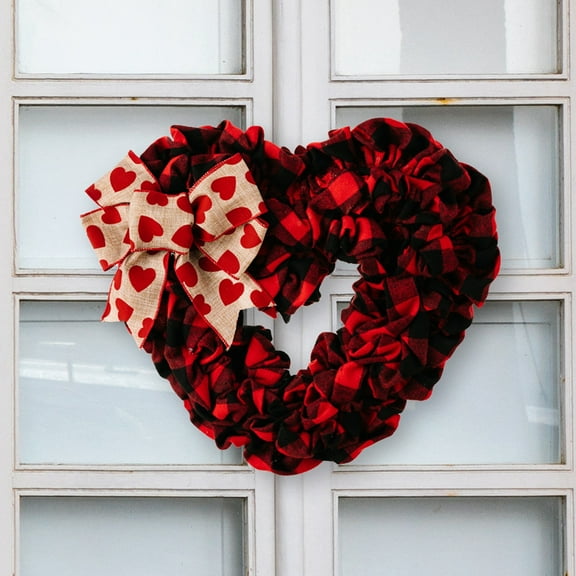 Happy Valentine's Day Door Wreath,Buffalo Plaid Bows Farmhouse Home Hanger,Romantic Heart Welcome Sign for Porch Farmhouse Valentine Front Door Outdoor Home Decor