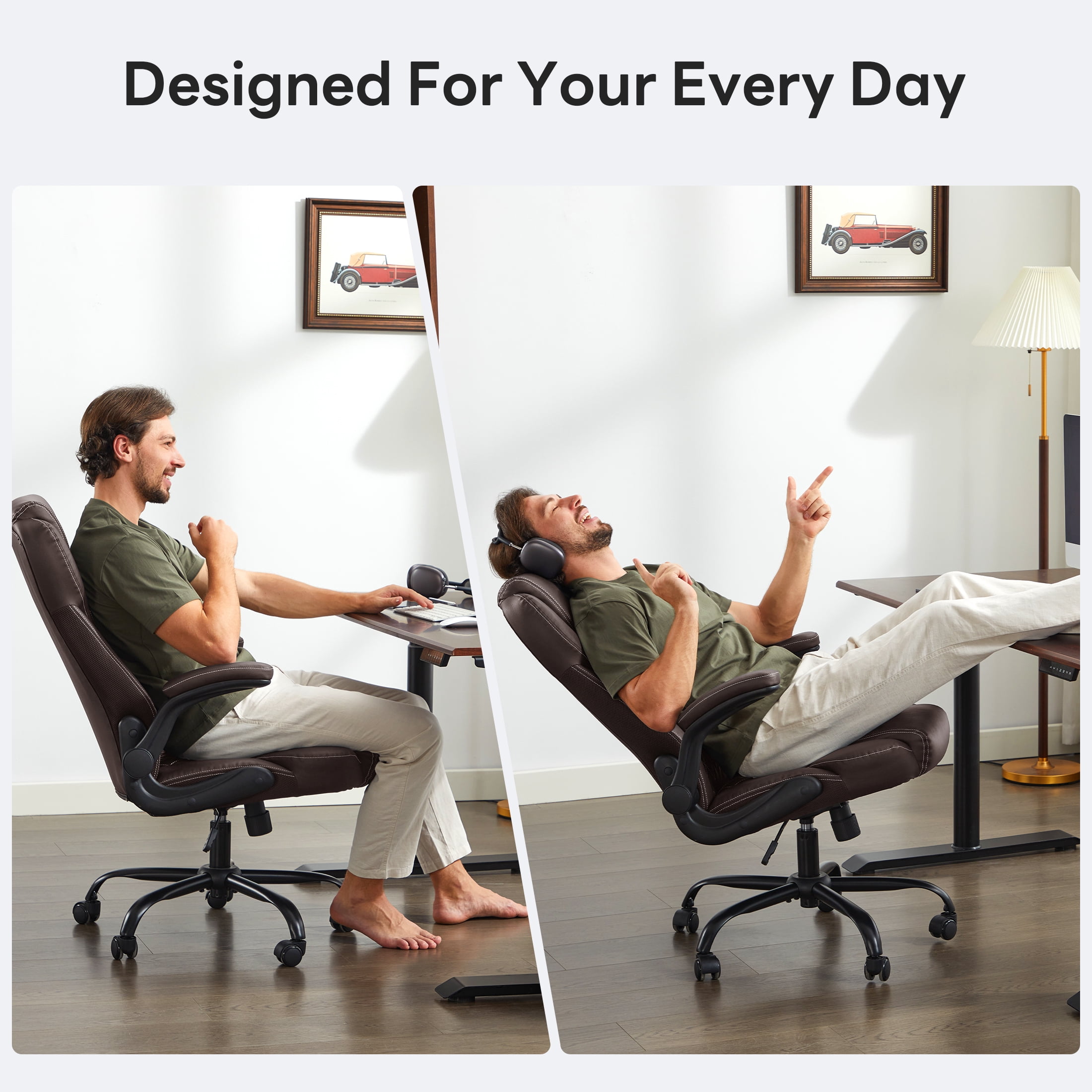 TMV Office Chair, Ergonomic Big and Tall Computer Desk Chairs, Executive PU Leather Chair with Adjustable Flip-up Armrests, Lumbar Support Swivel PC Chair with Rocking Function，Brown