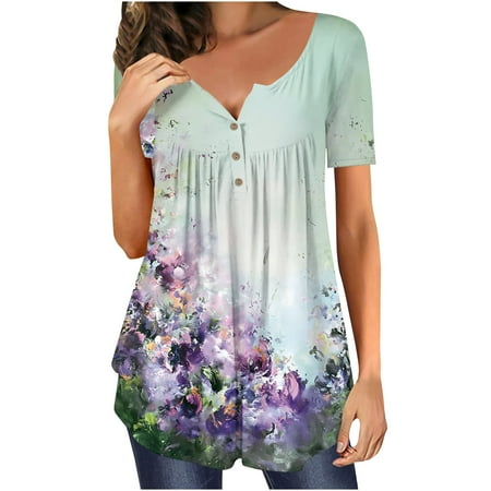 

Green Tops for Women Plus Size Blouses for Women Women s Fashion Solid Color Casual V-Neck Short Sleeve Loose T-shirt Tops Workout Tshirts Shirts for Women Green S