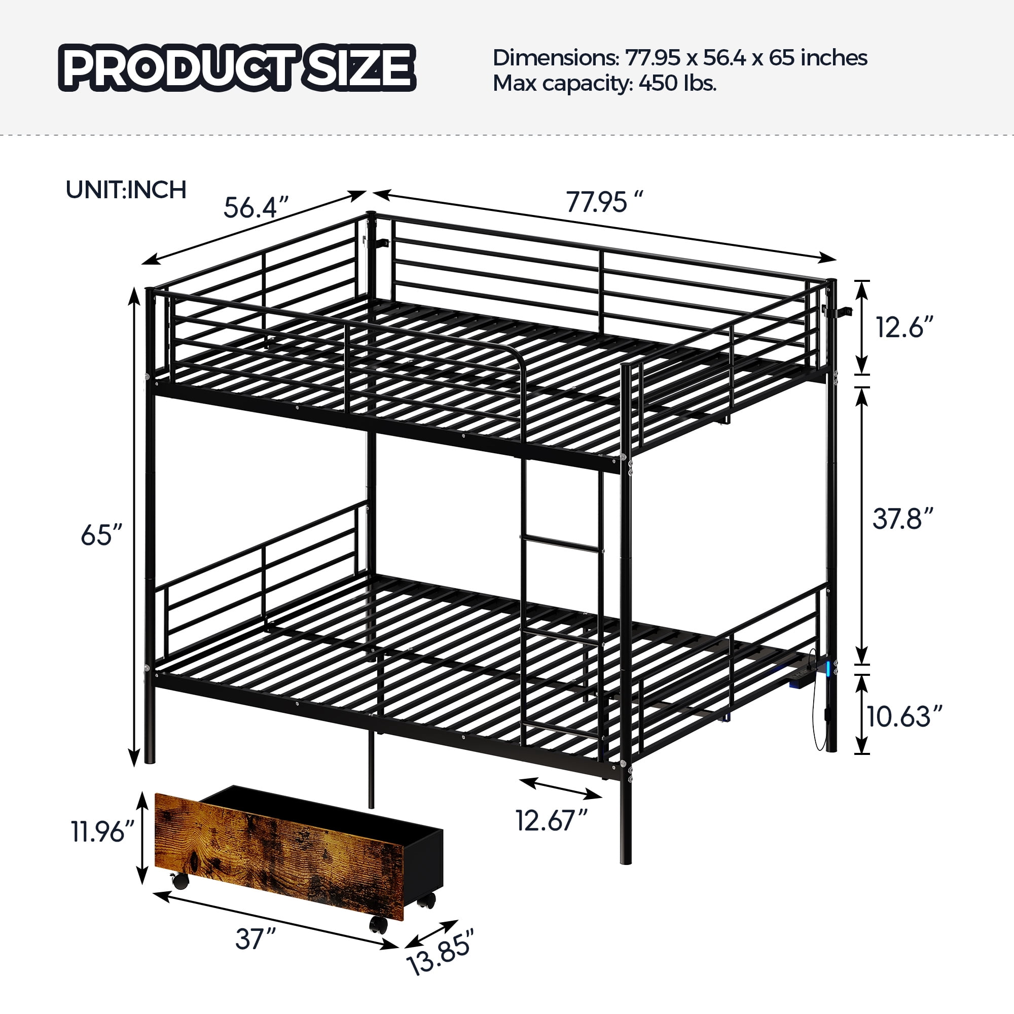 Leumius Twin Over Twin Metal Bunk Bed with USB Charging Station,Able to Split into 2 Twin Beds,Metal Bunk Bed with Safety Guardrail & Ladder,No Box Spring Needed,Black