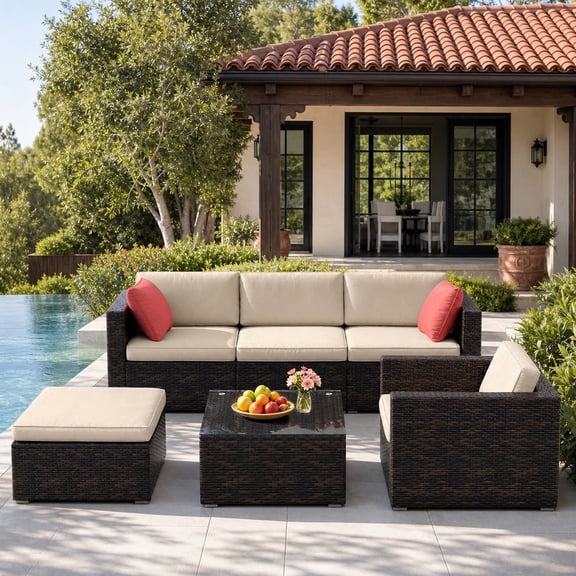 Junkai 6 Piece Outdoor Patio Wicker Sectional Sofa Set, Brown Rattan Conversation Furniture with Armchair, Beige Cushions, Glass Coffee Table & Ottoman