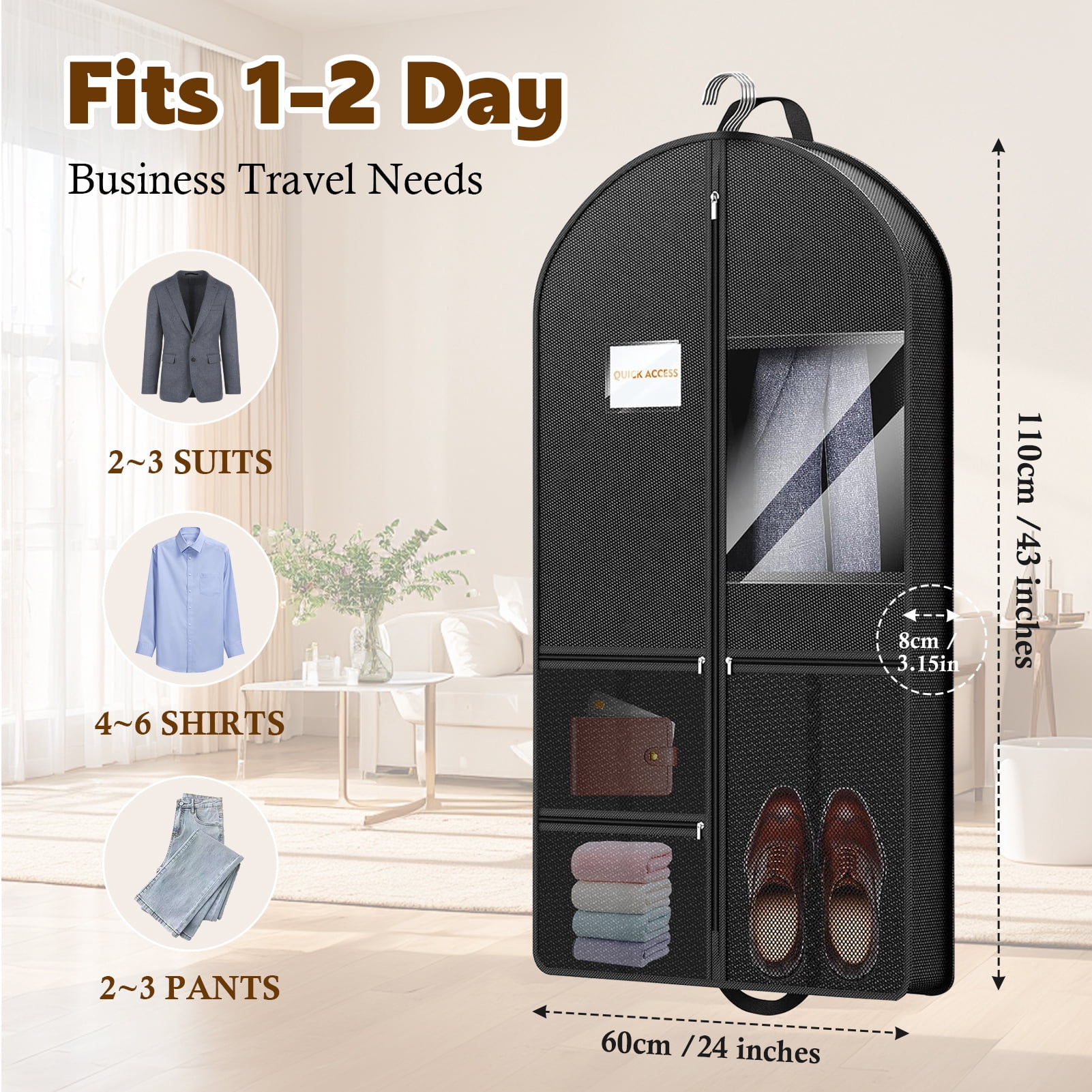 Godance 3 Pcs 43" Garment Bags  for Travel, 3" Gusseted Foldable Garment Bags for Hanging Clothes, Heavy Duty Dress Suit Bag with 3 Pockets, Waterproof Garment Bags for Suits, Coats, Jacket, Shirt