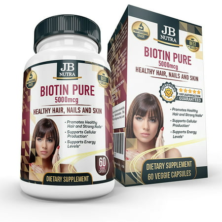 Organic Biotin Supplement 5000mcg / 5mg pills for Women and Men 60 Veggie Capsules per bottle for Healthy Hair Nails Skin by JB NUTRA BEST (Best Glutathione Injection Brand)