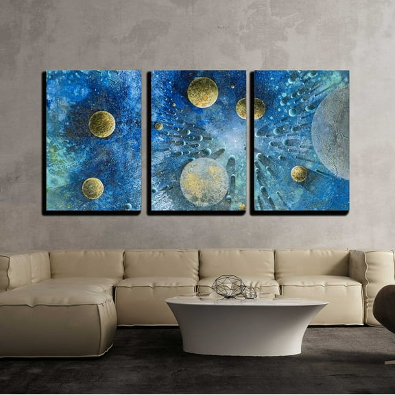 wall26 - 3 Piece Canvas Wall Art - Abstract Picture Showinh Lots of Planet-Like Objects in Blue and Green Structure - Modern Home Art Stretched and Framed Ready to Hang - 16"x24"x3 Panels