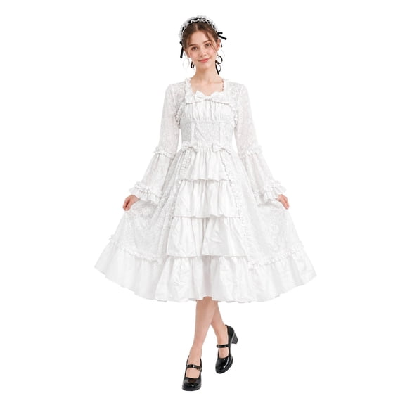 IWRICH Women's Victoria Halloween Long Sleeve Festive Party Dress Gothic Renaissance Princess Dress White XL