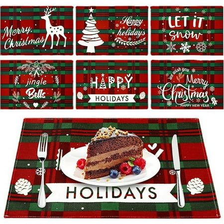

Happy date 5pcs Christmas Red Plaid Elk Christmas Tree Snowflake Placemats Table Mat Red Black Lattice Texture Table mats Placemats Heat-resistant Stain Resistant Washable for Dining Decoration