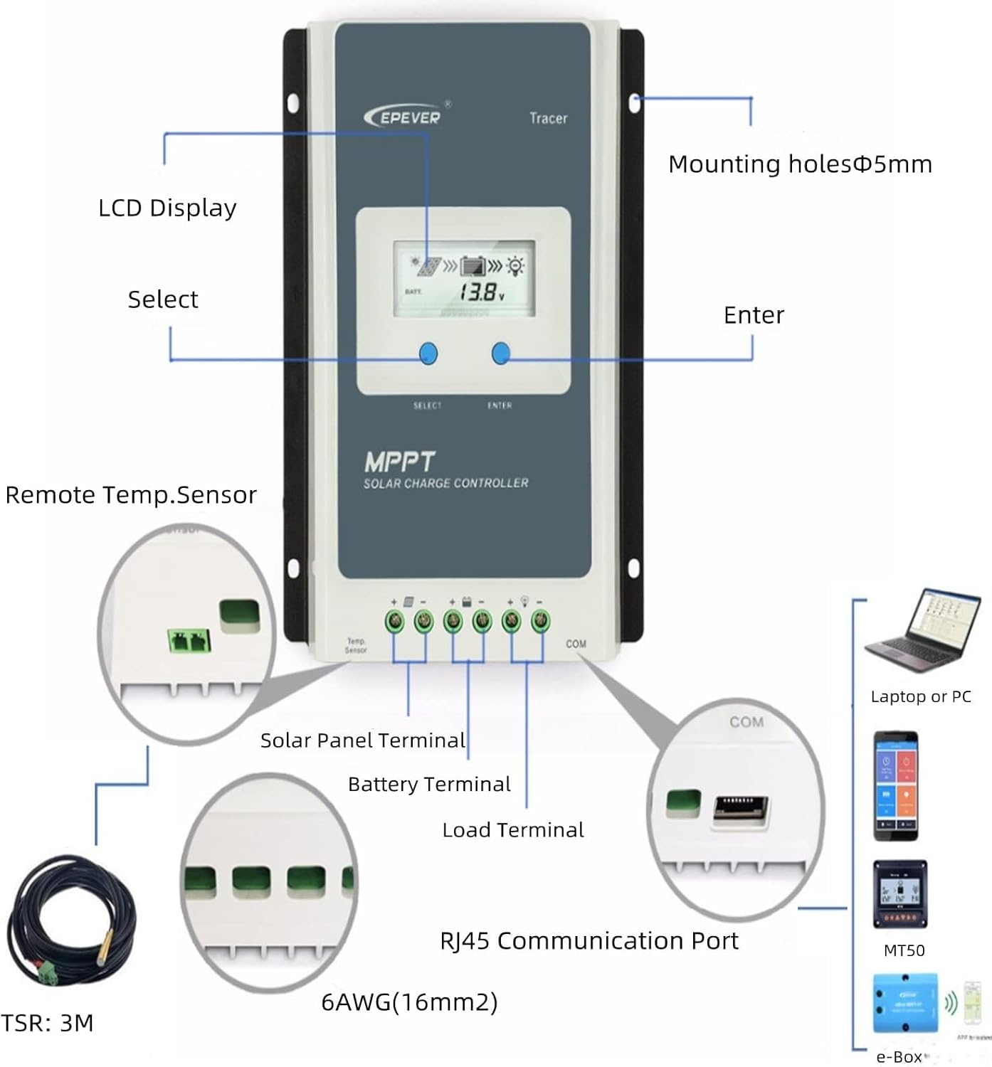 MPPT Solar Charge Controller 30A 12V/24V Auto Solar Panel Charge Controller Max.PV 100V Solar Charge Regulator with MT50 Remote Meter + Temperature Sensor RST + PC Monitoring Cable RS485