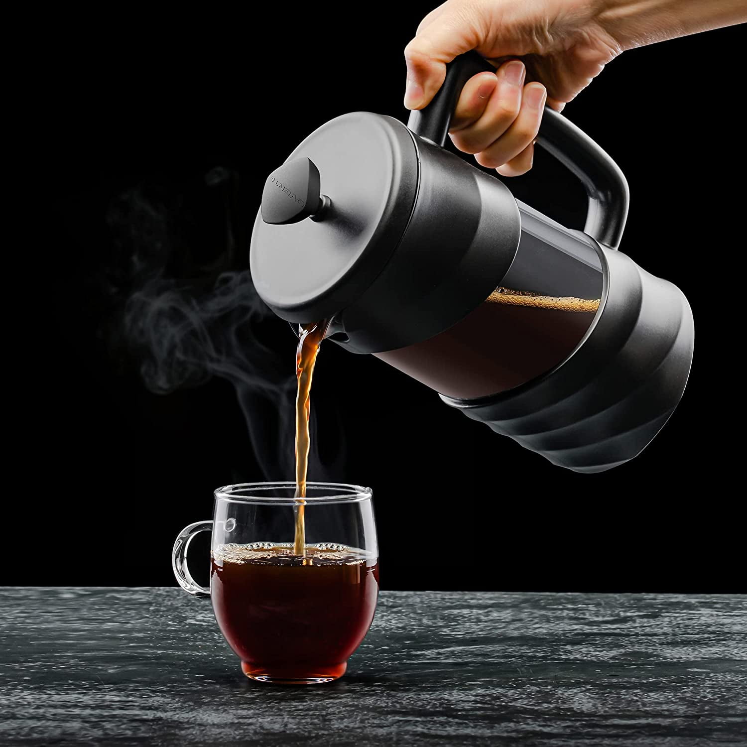 OVENTE French Press Coffee Maker 20 Ounce with Heat Resistant Borosilicate Glass & Stainless Steel 4-Level Filtration System, Portable Cold Brew Coffee Maker for Travel, Camping or Gift, Black FPW20B