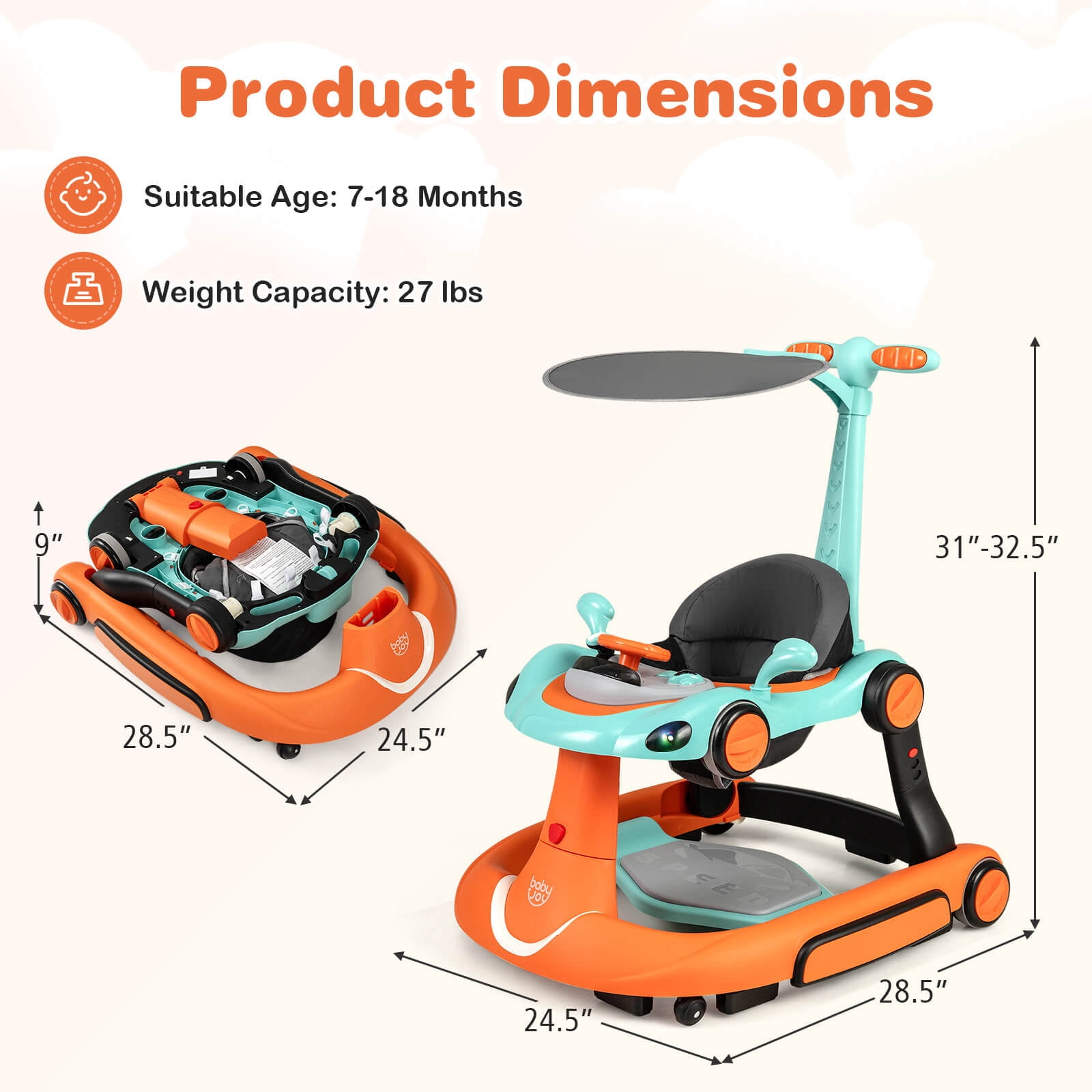 Babyjoy 6-in-1 Baby Walker with Canopy, Music, Lights, Speed/Height Adjustment & Wheels Green + Orange
