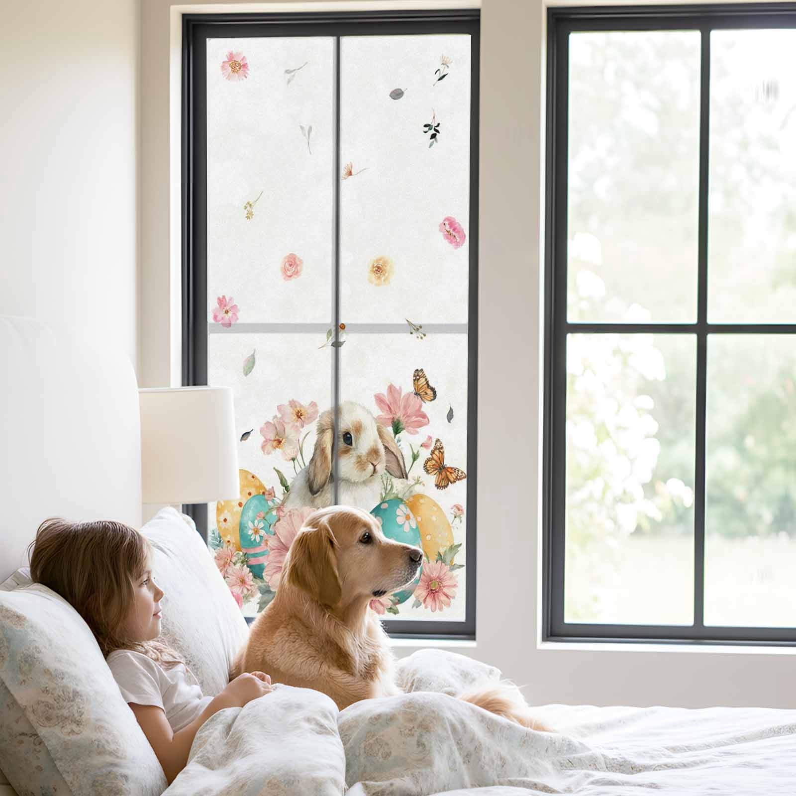 Easter Rabbit Window Privacy Film, Watercolor Bunny Eggs Pink Floral Butterfly Frosted Glass Window Clings Static Cling UV Heat Blocking Reusable Door Sticker for Bathroom 23.6 x 59 Inch