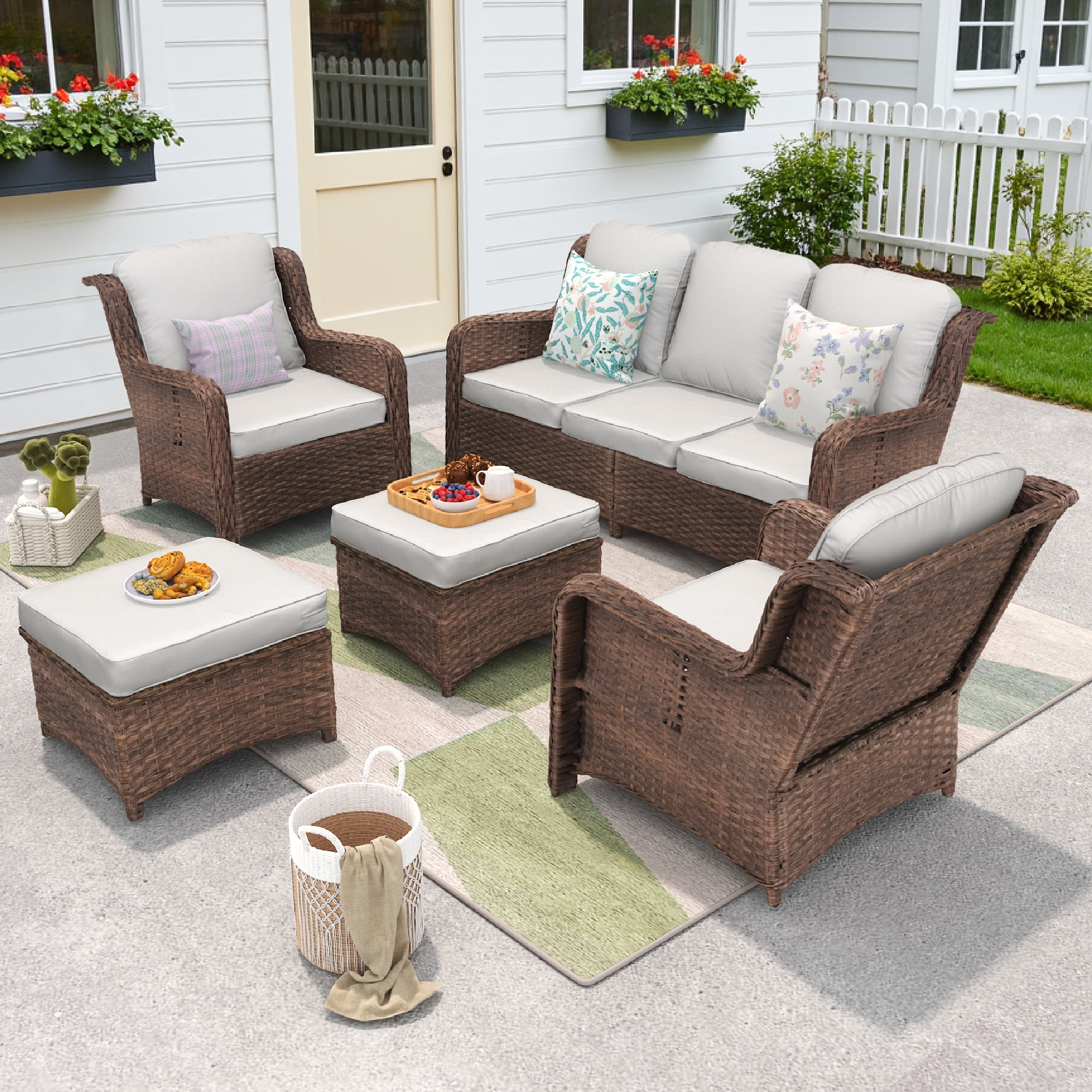 Hzzkey Patio Furniture Set, 5 Pieces Outdoor Sectional Sofa Set, All-Weather Wicker Rattan High Back Patio Conversation Set with Ottoman for Poolside, Backyard, 4.33" Thick Cushions, White
