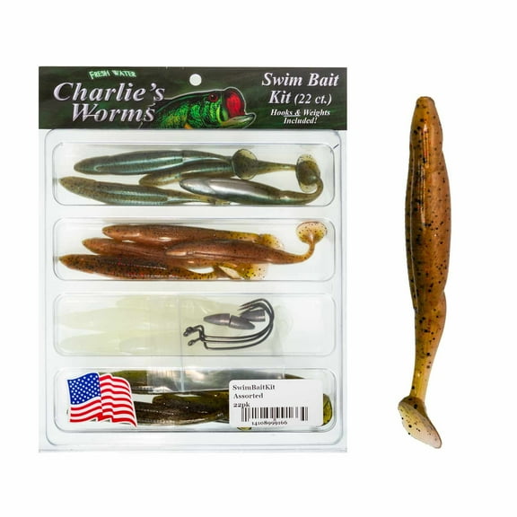 Charlie's Worms Swim Bait Kit – 22 Soft Plastic Lures for Various Fishies