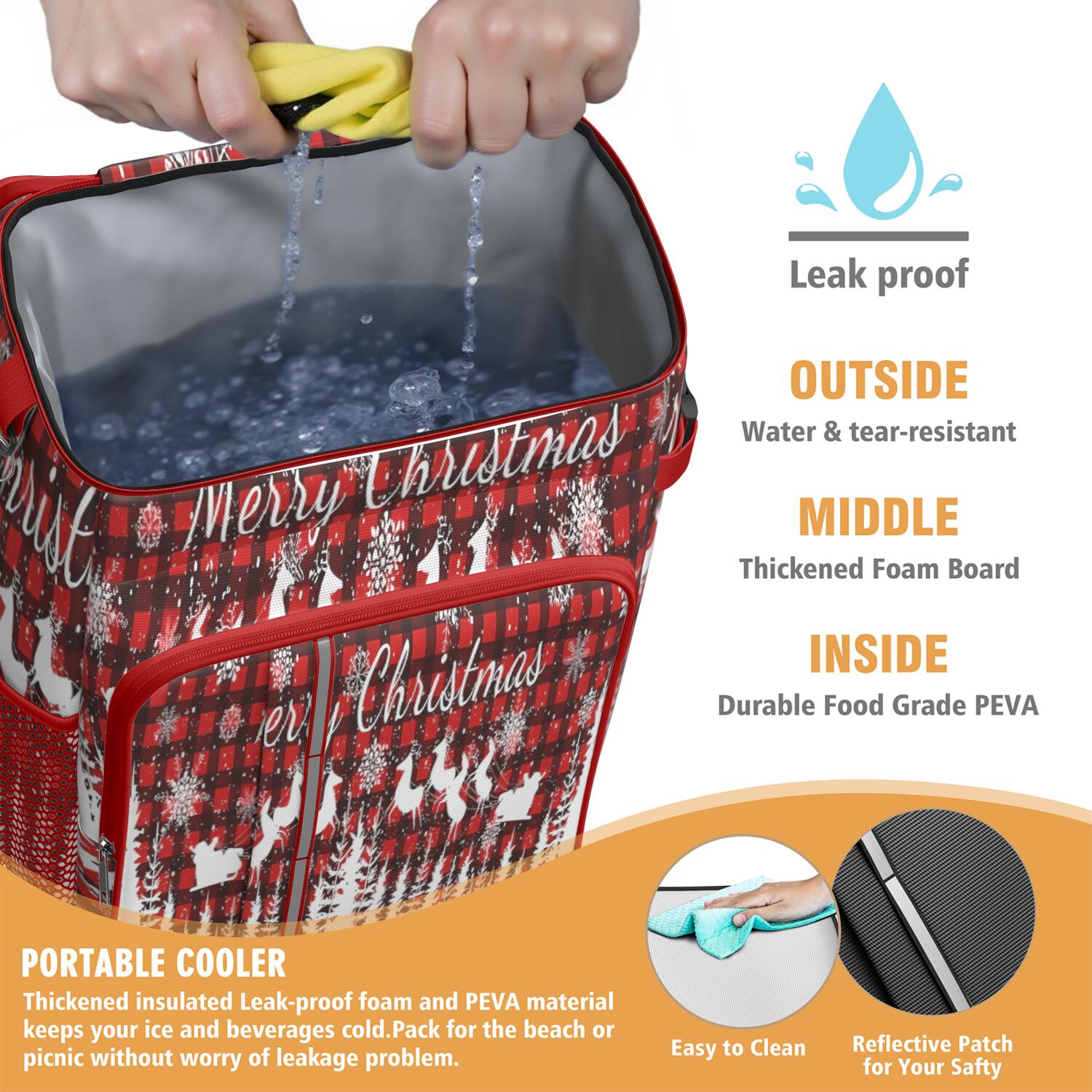 Travel Cooler Bag - Red Christmas Pattern Camping Beer Cooler Backpack with Bottle Opener- Waterproof Insulated Picnic Backpacks - Cooler Bag for Beach