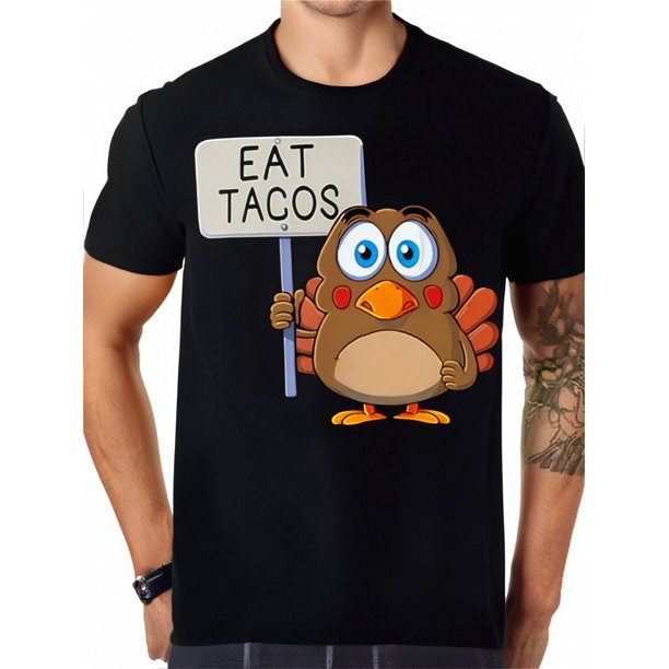 Playera Estampada de Caballero Manga CortaFunny Thanksgiving Turkey Eat Tacos T-Shirt Halloween Thanksgiving Christmas Gifts for Men Women Friends Family, S-XXXL, Black Tee For Adult, Men, Women, Te