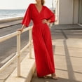 thumbnail image 3 of PBFRDSJ 2026 Women's Vintage Wide Leg Jumpsuit Wrap V Neck 3/4 Sleeve Pleated Jumpsuit High Waist Wide Leg Long Pants Sizes S-2XL, 3 of 6