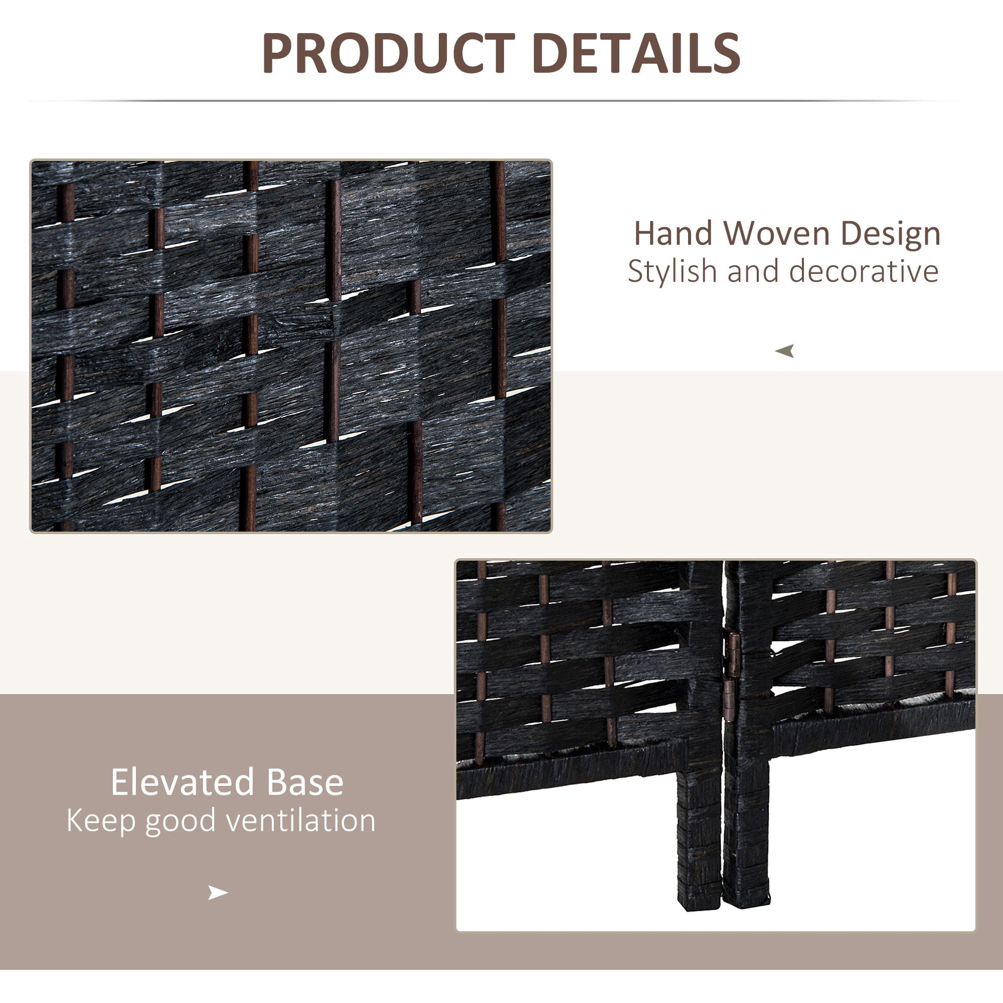 Dranite 3-Panel Folding Room Divider, 6FT Tall Portable Wicker Weave Privacy Screen, Black Partition Wall for Bedroom Home Office