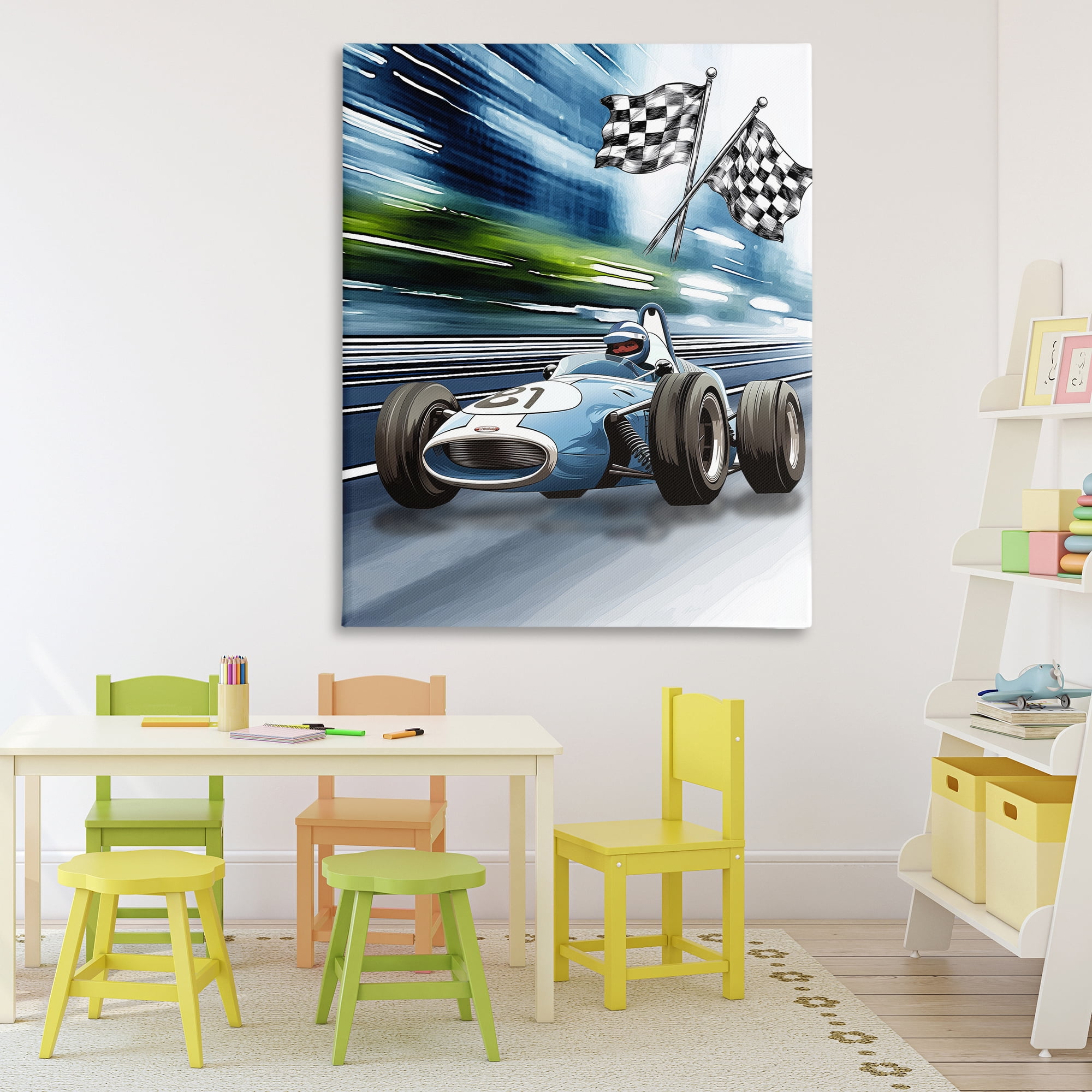 Stupell Industries Speedy Racecar with Flags Canvas Wall Art, design by Christine Simpson Art